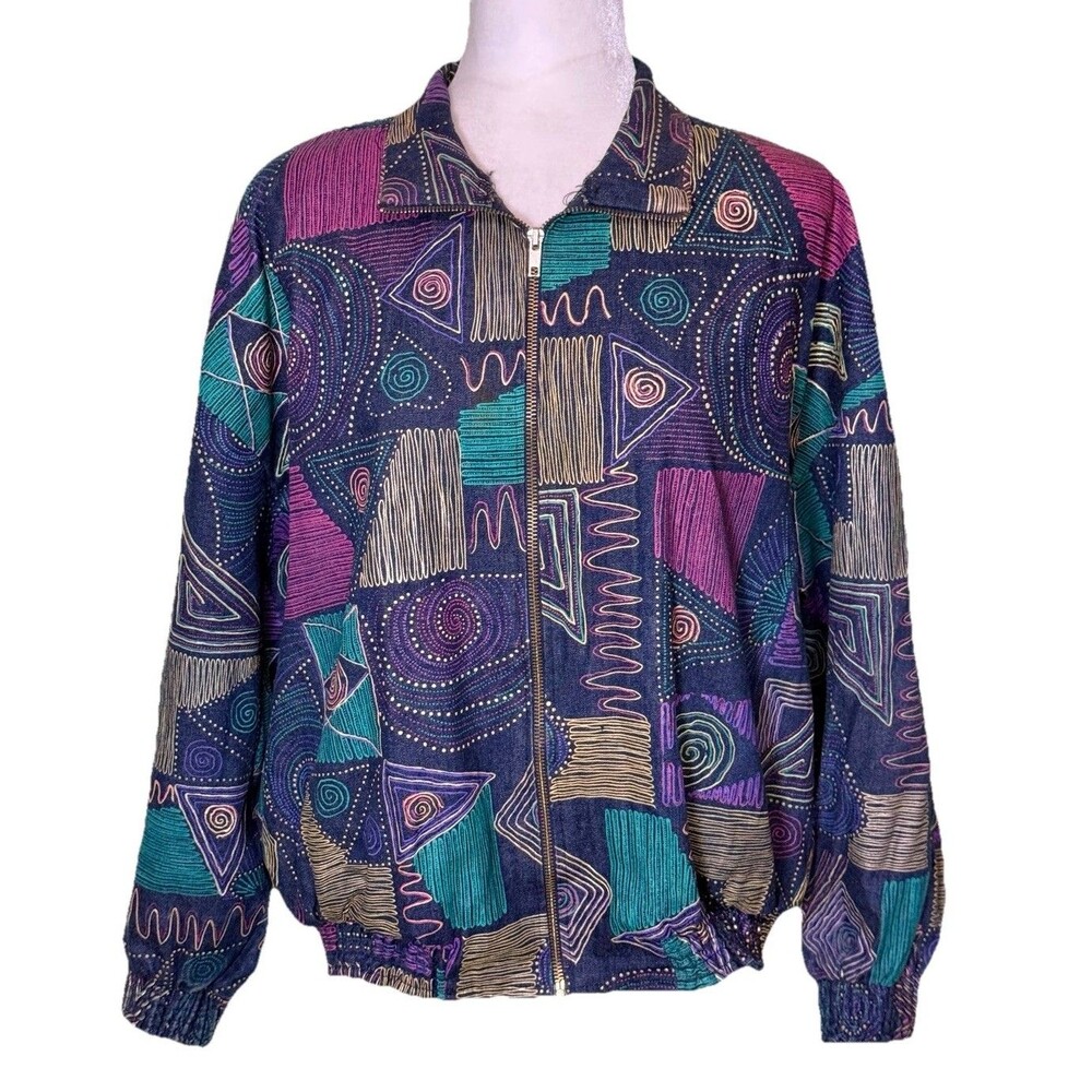 Vintage Women's Denim‎ 90s Abstract Geo Artsy Zip Up Bomber Jacket Size Lg